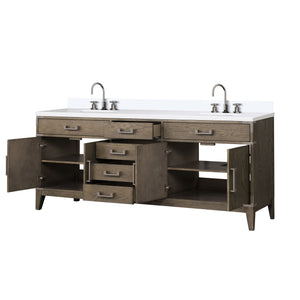 English Elm Grey Oak Double Bath Vanity 80" W x 22" D with White Quartz Top, Chrome Gooseneck Faucet, Soft-Close Storage B2731P259941