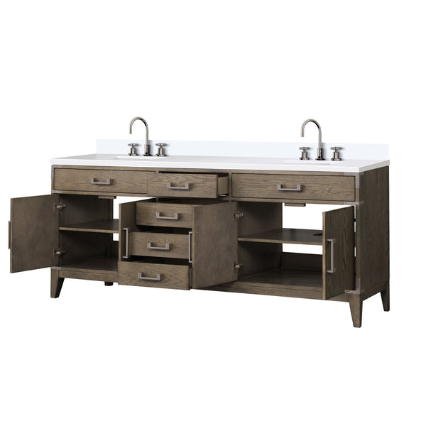 English Elm Grey Oak Double Bath Vanity 80" W x 22" D with White Quartz Top, Chrome Gooseneck Faucet, Soft-Close Storage B2731P259941