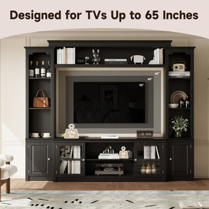 English Elm Entertainment Wall Unit with Glass Doors Open Shelving Mdf Living Room Storage Black N710S688102B