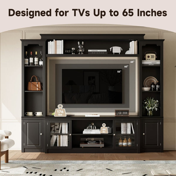 English Elm Entertainment Wall Unit with Glass Doors Open Shelving Mdf Living Room Storage Black N710S688102B