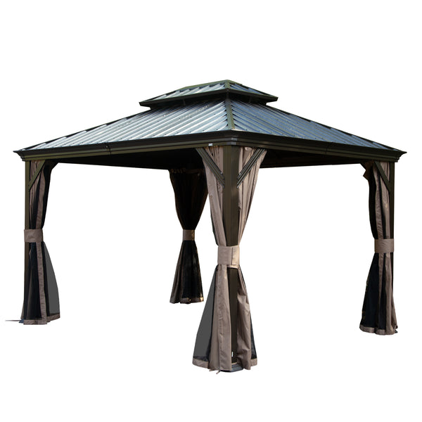 English Elm 12' X 14' Hardtop Gazebo with Drainage, Dual-Layer Galvanized Roof, Curtains & Mesh, Brown - Durable Outdoor Shelter for Patio and Garden (UV, Mosquito-Proof) W1859S00140