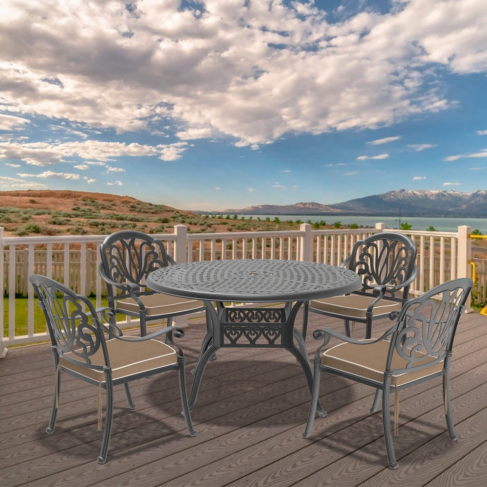 English Elm 5-Piece Cast Aluminum Patio Furniture Set With Brown Cushions For Elegant Outdoor Dining & Relaxation W1710S00139