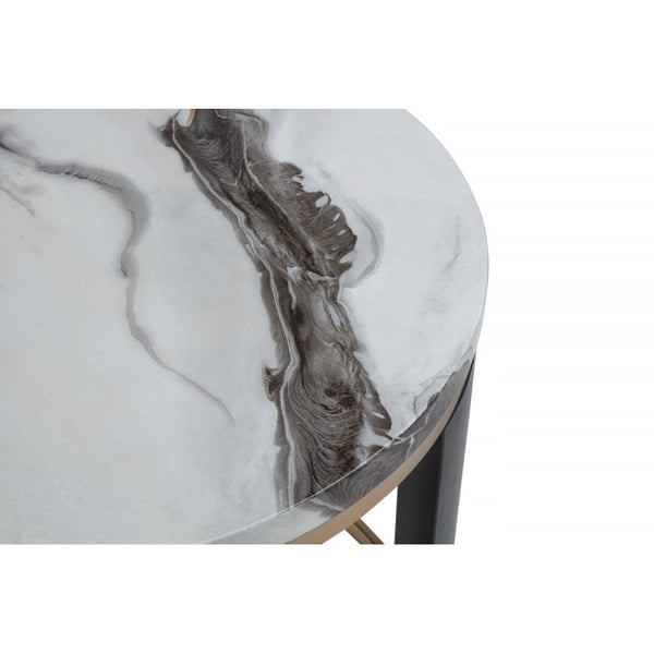 English Elm 24" Icelandic Ivory Faux Marble End Table with Brass Frame and Dark Wood Legs, 24" Round Accent Table B011P355863