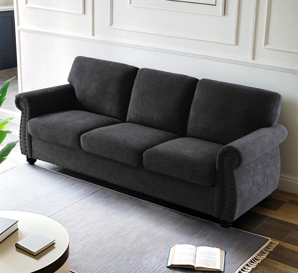 English Elm Soft Velvet Sofa - Luxurious 3-Seater Velvet Couch with High-Density Foam, Turned Wood Legs, Chic Lounge Cozy Modern Design Black B2735P292314