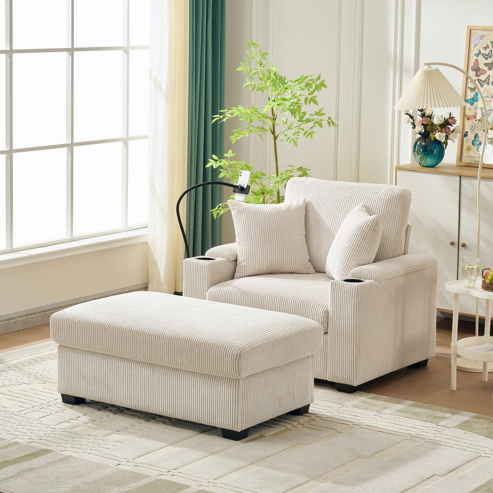 English Elm 55" Oversized Chaise Lounge Chair With Ottoman & Storage - Cozy Corduroy Recliner With Usb Port & Cup Holder W3373P328964