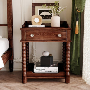 English Elm Retro Bedside Nightstand with Turned Rubberwood Legs Open Shelf and Drawer Storage Walnut N733P206240D