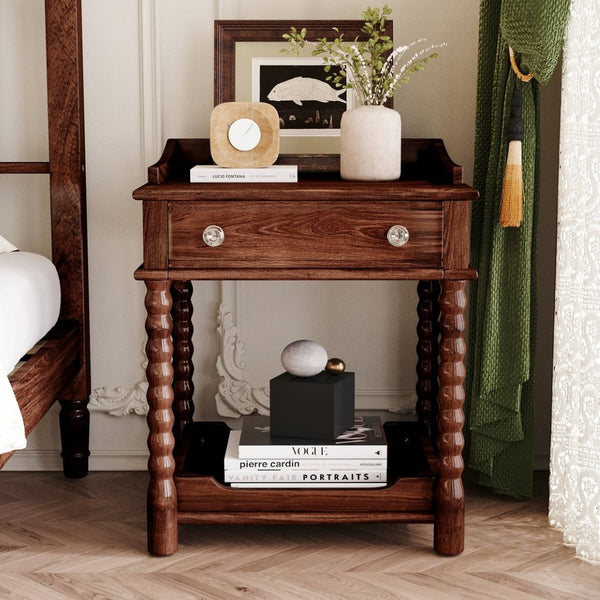 English Elm Retro Bedside Nightstand with Turned Rubberwood Legs Open Shelf and Drawer Storage Walnut N733P206240D