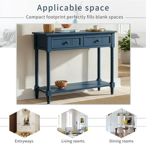 English Elm TREXM Daisy Series Console Table with Two Drawers and Bottom Shelf Vintage-Inspired Pine Accent Piece Dark Navy N715P364059M