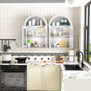 English Elm Wall Mounted Arched Cabinet Tempered Glass Doors Led Lighting Adjustable Shelves Bathroom White T3210P471554