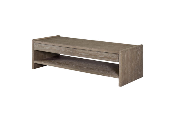 English Elm Wood Top 2 Drawer Cocktail Table Cocoa - Rustic-Contemporary Solid Wood, Soft-Close Drawers & Shelf B2699P323118