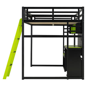 English Elm Full Size Gaming Loft Bed with Built-in Desk Led Lighting Usb Ports and Pegboard Black+Green LT000270AAG
