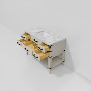 English Elm White Oak Single Bath Vanity With Carrara Marble Top - 48" W, Ample Storage & Soft-Close Drawers B2731P260238-GIGA