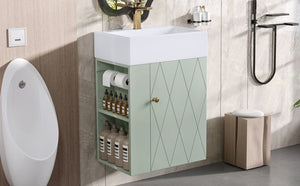 English Elm 20 Modern Wall-Mounted Bathroom Vanity with Ceramic Sink, Diamond Door, Gold Handles & Shelves — Compact Green N725P314033F