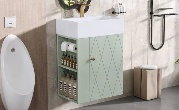 English Elm 20 Modern Wall-Mounted Bathroom Vanity with Ceramic Sink, Diamond Door, Gold Handles & Shelves — Compact Green N725P314033F
