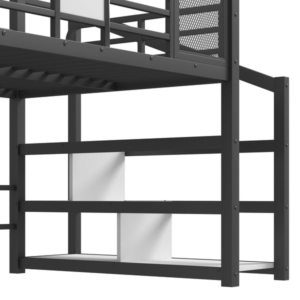 English Elm Full Full House Loft bed with Slide and Stairs, Metal House Play Loft with Storage Shelves and Quiet Design Black W1580S00350