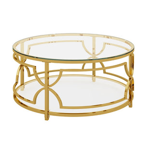 English Elm Round Tempered Glass Coffee Table with Gold Geometric Metal Base and Open Storage Shelf Transparent N735P396530K