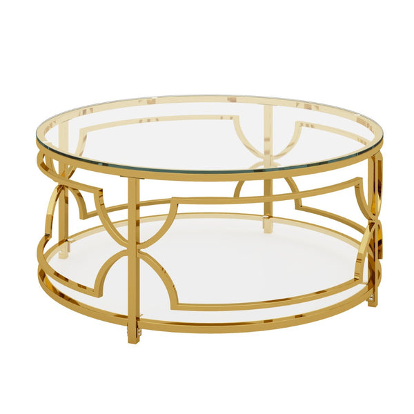 English Elm Round Tempered Glass Coffee Table with Gold Geometric Metal Base and Open Storage Shelf Transparent N735P396530K