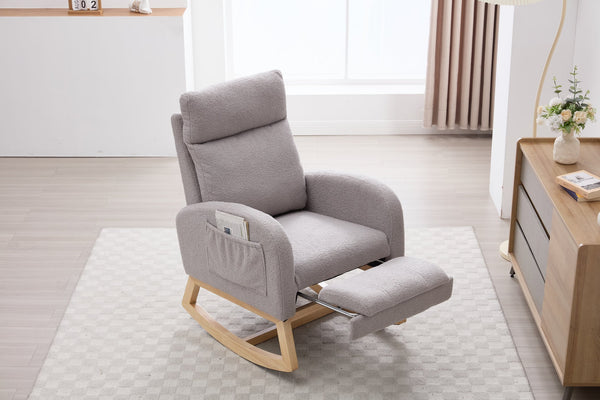 English Elm 015B-Teddy Rocking Chair with Plush Teddy Fabric, Ergonomic High Back, Adjustable Footstool, Pocket Light Gray W527P360696