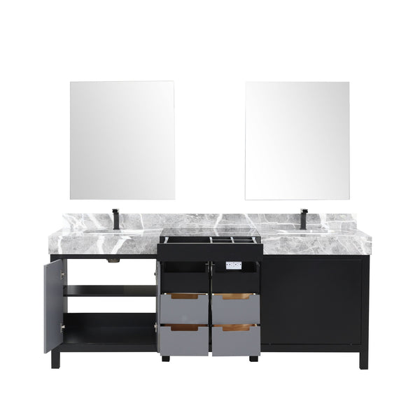 English Elm Black Double Bath Vanity 80" W With Castle Grey Marble Top, Gun Metal Faucets & Matching Mirrors B2731S01160