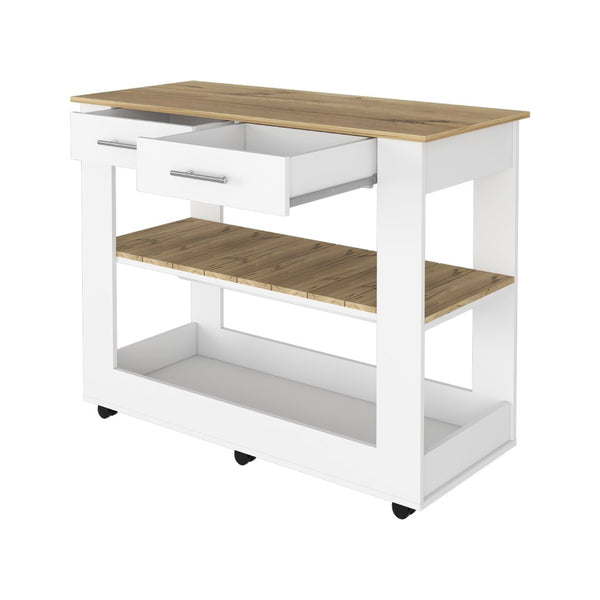 English Elm Brooklyn Rolling Kitchen Island with Two Drawers Open Shelves Rustic Farmhouse Style B128P148886