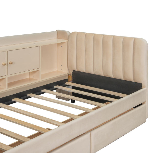 English Elm Twin Upholstered Daybed with Velvet Finish, High Back Shelves, Flip Cabinets, Drawers & Side Table Beige SF000196AAA