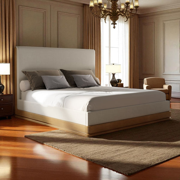 English Elm Zoey Elegant Fabric & Oak Bed Frame with 13 Slats, Wire-Brushed Oak Veneer, 660lb Capacity Beige 87.8 L x 15.75 W x 9.06 H B2726S00521