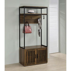 English Elm Flora Transitional Hall Tree with Seven Hooks Cabinet Shelves and Dark Pine Metal Frame B062P452017