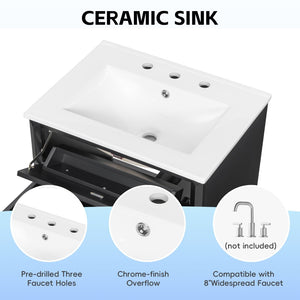 English Elm 24 Inch Freestanding Bathroom Vanity Solid Rubberwood Ceramic Sink Matte Finish Storage Black N725P375626B