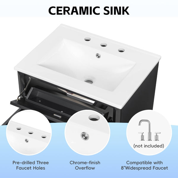 English Elm 24 Inch Freestanding Bathroom Vanity Solid Rubberwood Ceramic Sink Matte Finish Storage Black N725P375626B