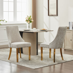 English Elm Rayon High Back Dining Chair Set with Plush Flocking Upholstery, Golden Stainless Legs, Comfort-Focused Design Beige W1143P293313