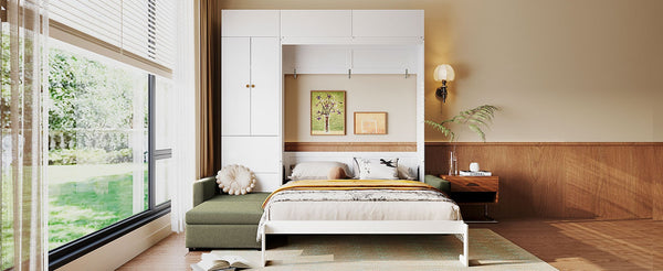 English Elm Queen Murphy Bed with L-shaped Velvet Sofa Storage Cabinets for Studio Living White LP000765AAG-1
