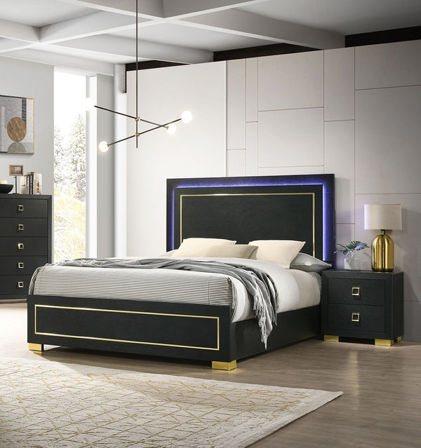 English Elm Contemporary Queen Bedroom Set Matte Black Wood Gold Legs Led Headboard Nightstands B2741S00157