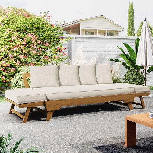 English Elm Christopher Knight Home® - Outdoor Acacia Daybed Sofa with Foldable Arms, Rust‑Resistant Teak Frame & UV‑Proof Beige Cushions N779P249303T