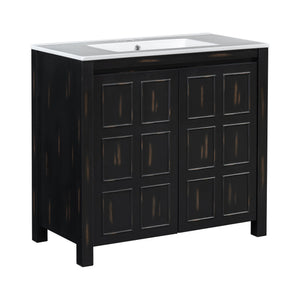 English Elm 36" Bathroom Vanity Organizer with Ceramic Sink, Solid Wood Distressed Finish, Hand-Painted Charm and Ample Storage Espresso N729P255666P