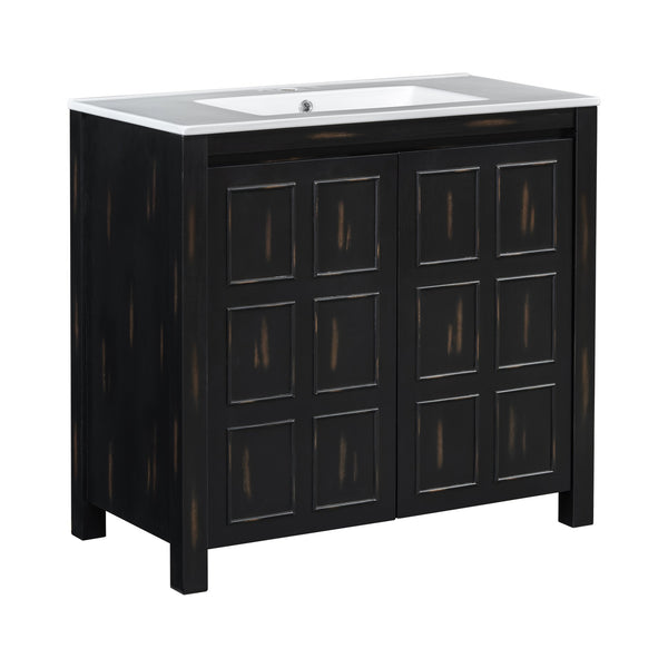 English Elm 36" Bathroom Vanity Organizer with Ceramic Sink, Solid Wood Distressed Finish, Hand-Painted Charm and Ample Storage Espresso N729P255666P