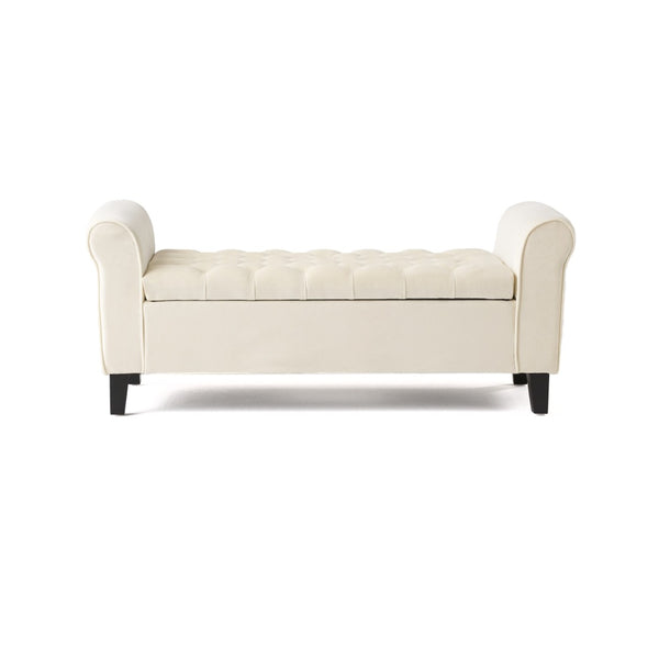 English Elm Lvory Linen Tufted Storage Bench with Rolled Arms and Hidden Lift Top Compartment N770P372389A