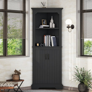 English Elm Tall Corner Cabinet with Doors - Slim Black Storage Tower for Living Room, Bathroom, Kitchen, Office W1580P332942