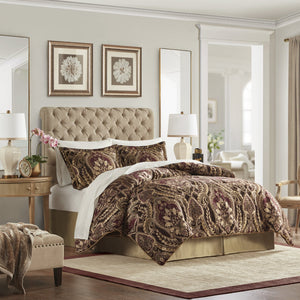 English Elm 4 Piece Comforter Set - Regal Burgundy Chenille For King Bed, Luxurious Vintage French Elegance B035128754