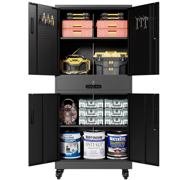 English Elm Metal Rolling Garage Cabinet with Pegboard Door Drawer Locking Storage and Adjustable Shelves T2398P465998