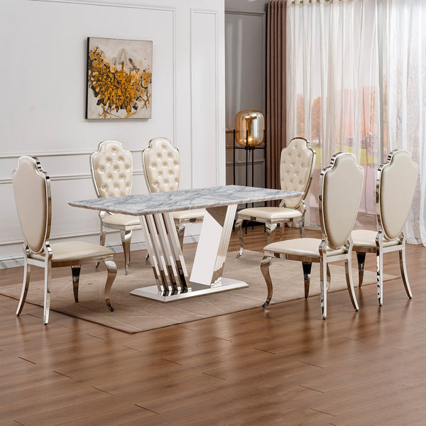 English Elm Marble Dining Table For 6-8 People, Stylish Rectangular Faux Marble Top With Chrome Base Elegance W3456S00022