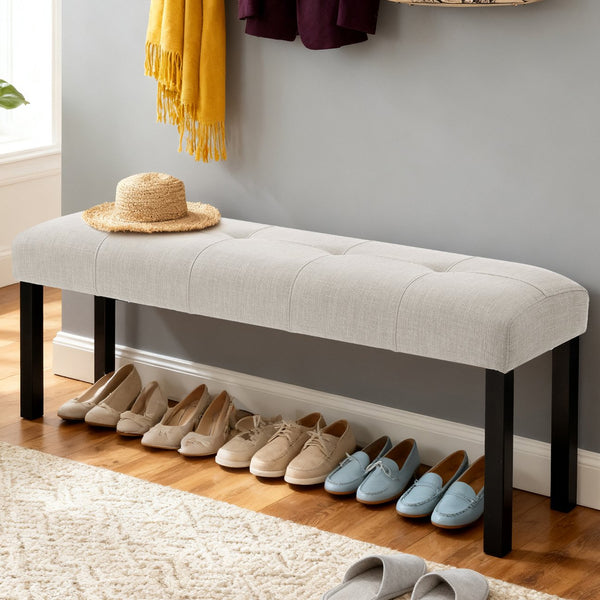English Elm Modern Tufted Linen Dining Bench with Button-Tufted Seat and Rubber Wood Legs for Entryway Seating Beige N752P317335A