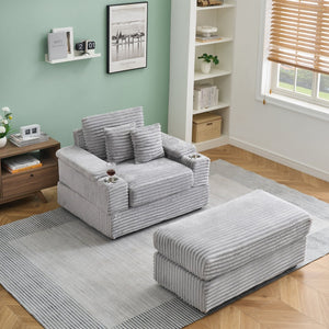 English Elm This Corduroy Single Seat Armchair with Storage Ottoman and Built-in Cup Holders Gray W1278S00077