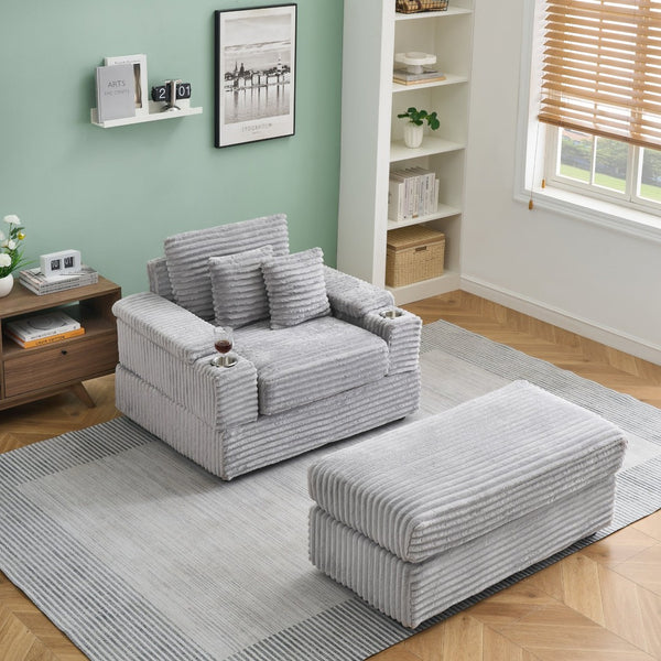 English Elm This Corduroy Single Seat Armchair with Storage Ottoman and Built-in Cup Holders Gray W1278S00077