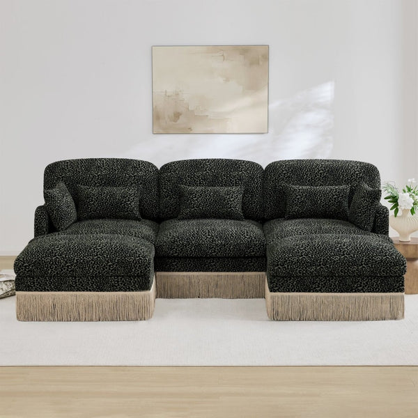 English Elm 100"comfy Chenille Leopard Print U-shaped Sectional with Tassel Trim and Modular Ottomans Green W5656S00033