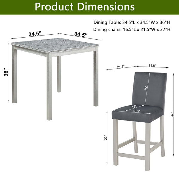 English Elm 5 Piece Counter Height Table Set - Stylish Square Dining Table With 4 Upholstered Chairs, Silver Grey W1998S00070