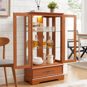 English Elm Lighted Glass Curio Cabinet - Elegant Dark Oak Display With Adjustable Shelves, Built-In Drawer & Bulb W1758P300114