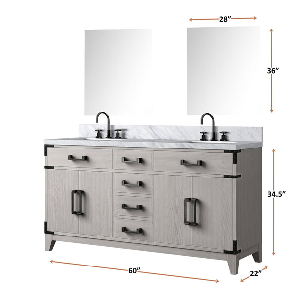 English Elm White Oak Double Bath Vanity With Carrara Marble Top, Chrome Faucets, Mirrors & Ample Storage B2731S01854-GIGA