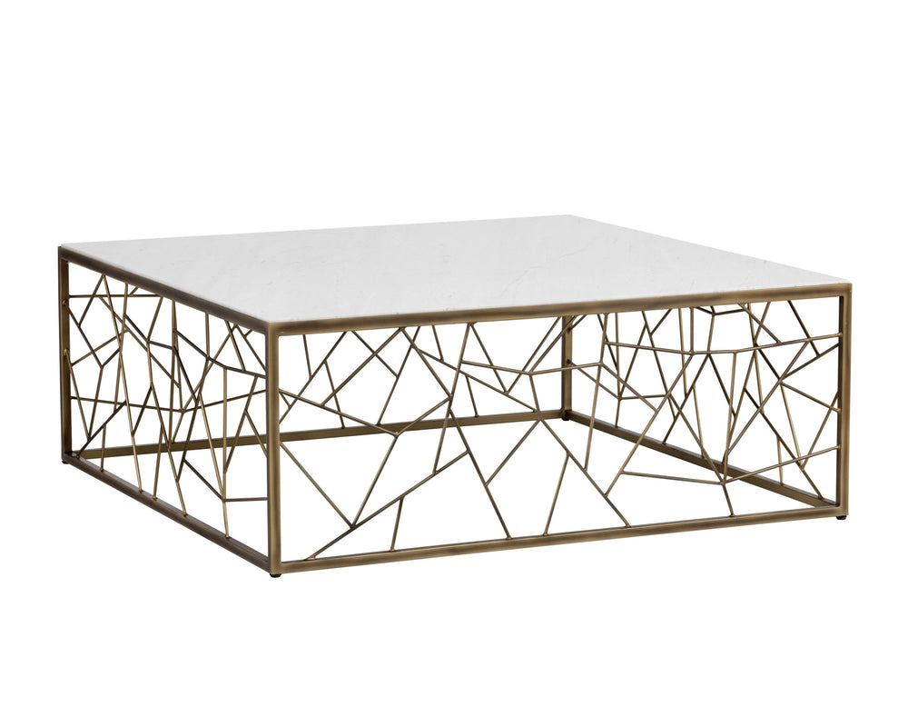 Sunpan Vero Coffee Table: Large White Volakas Marble Top with Rustic Bronze Steel Frame for Stunning Style
