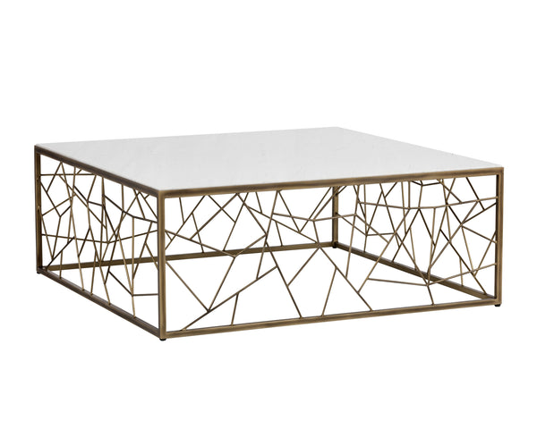 Sunpan Vero Coffee Table: Large White Volakas Marble Top with Rustic Bronze Steel Frame for Stunning Style