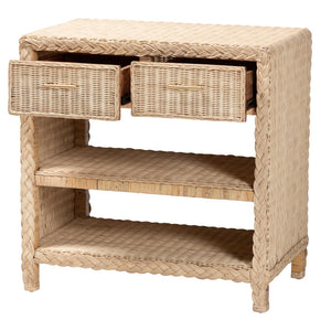 English Elm Japandi Braided Rattan Console Table with Two Drawers Open Shelves Entryway Storage B2750P420412